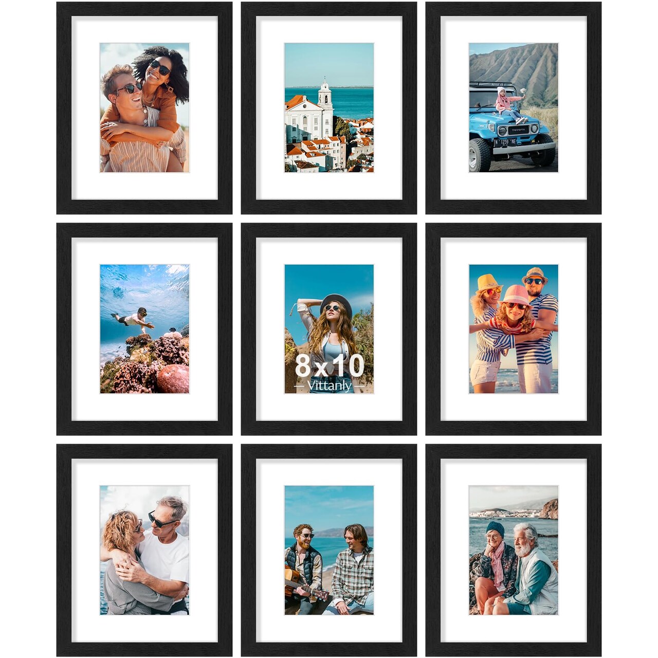 8x10 Picture Frames Set of 9, Shatter Resistant Plexiglass, Display 5x7 Pictures with Mat or 8x10 without Mat, Photo Frames for Wall or Tabletop, Engineered Wood, Black